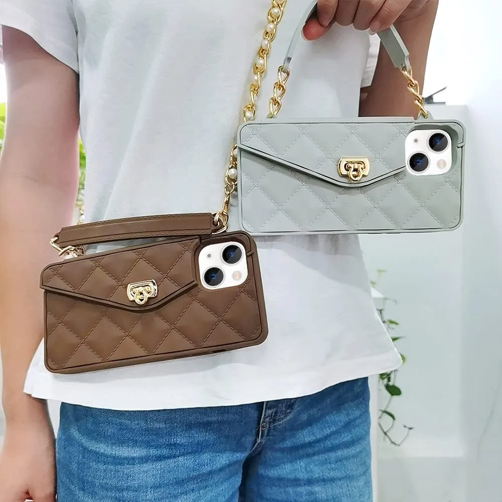 Omio for iPhone 13 Handbag Case with Flip Card Holder Wrist Lanyard Strap Soft Silicone Cover for iPhone 13 Wallet Case for Women Luxury Stylish Long Pearl Crossbody Chain Case Gray