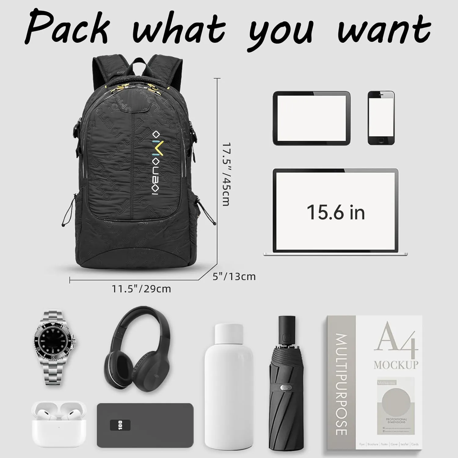 OMOUBOI Travel Laptop Backpack Lightweight 15.6" Reflective Business Daypack Water Resistant Computer Backpack (Black)