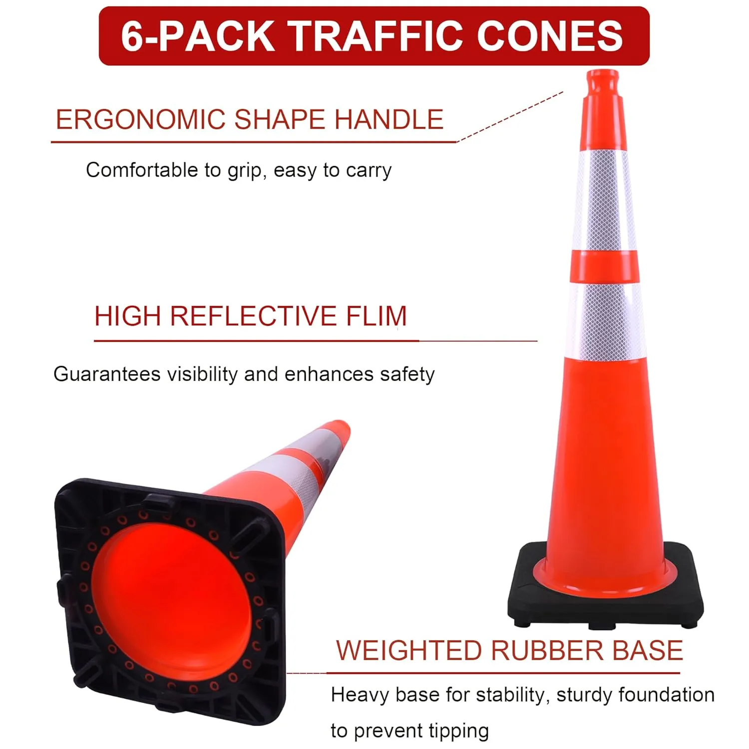 OrangeStar 6 Pack 36" Traffic Safety Cones, Orange Paking Cones Construction Cones w/Reflective Collar, Heavy Duty Base for Driving Practice, Parking Lots and Roadwork