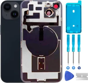 Original 14 Plus Back Glass Replacement & with Plate & Flex Cable and All Parts, Pre-Installed Camera Frame for 14 Plus   Repair Tools (Midnight)