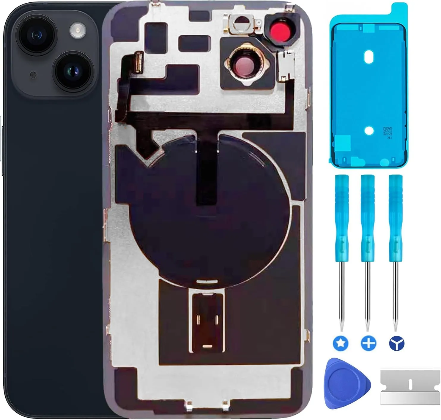 Original 14 Plus Back Glass Replacement & with Plate & Flex Cable and All Parts, Pre-Installed Camera Frame for 14 Plus   Repair Tools (Midnight)