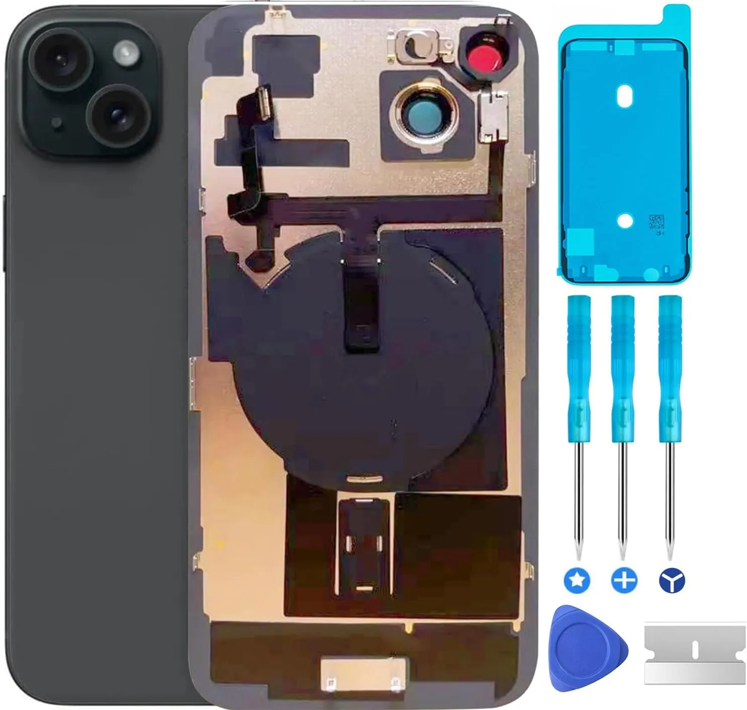 Original 15 Plus Back Glass Replacement & with Plate & Flex Cable and All Parts, Pre-Installed Camera Frame for iPhone 15 Plus   Repair Tools (Black)