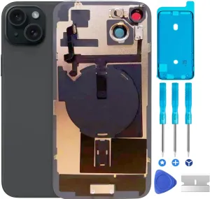 Original 15 Plus Back Glass Replacement & with Plate & Flex Cable and All Parts, Pre-Installed Camera Frame for iPhone 15 Plus   Repair Tools (Black)