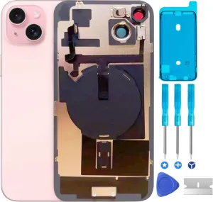 Original 15 Plus Back Glass Replacement & with Plate & Flex Cable and All Parts, Pre-Installed Camera Frame for iPhone 15 Plus   Repair Tools (Pink)