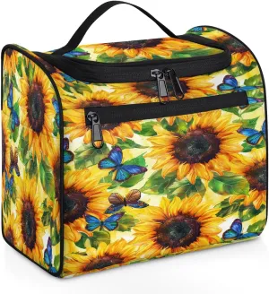 OSAM SPACE Summer Sunflower Hanging Toiletry Bag for Women Men, Blue Butterfly Large Capacity Travel Cosmetic Bag Makeup Organizer for Shampoo Bathroom Shower