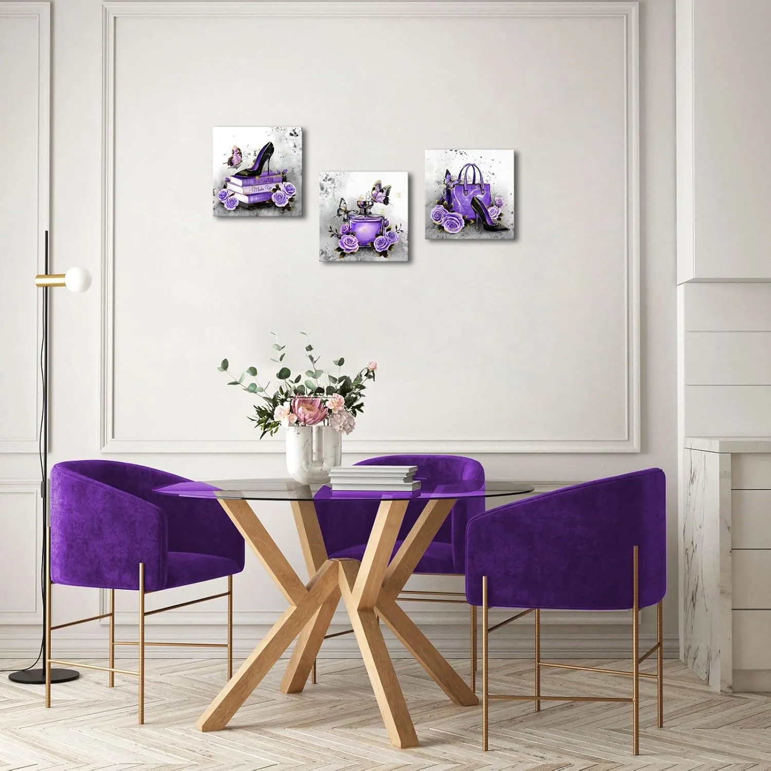 OuElegent Fashion Purple Wall Decor Purple Grey Wall Art Handbag Perfume Pictures Fashion Paintings for Women 12''x12''x3 (Purple)