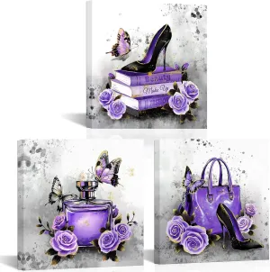 OuElegent Fashion Purple Wall Decor Purple Grey Wall Art Handbag Perfume Pictures Fashion Paintings for Women 12''x12''x3 (Purple)
