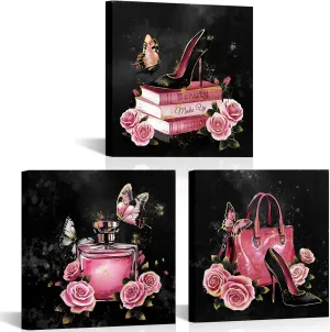 OuElegent Pink and Black Canvas Wall Art Fashion Wall Decor Handbag Perfume Pictures Fashion Paintings for Women, Set of 3, 12 x 12 in (Pink)