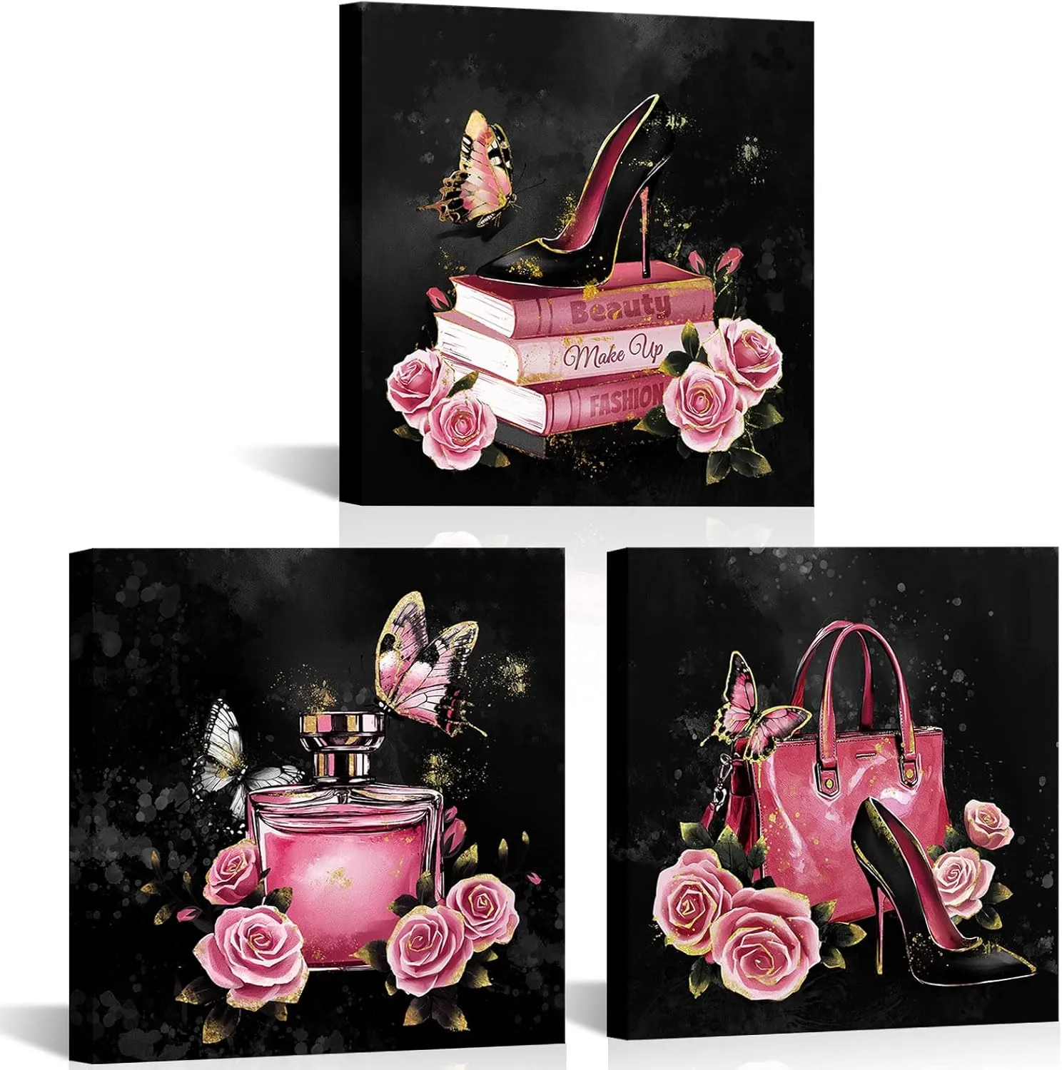OuElegent Pink and Black Canvas Wall Art Fashion Wall Decor Handbag Perfume Pictures Fashion Paintings for Women, Set of 3, 12 x 12 in (Pink)