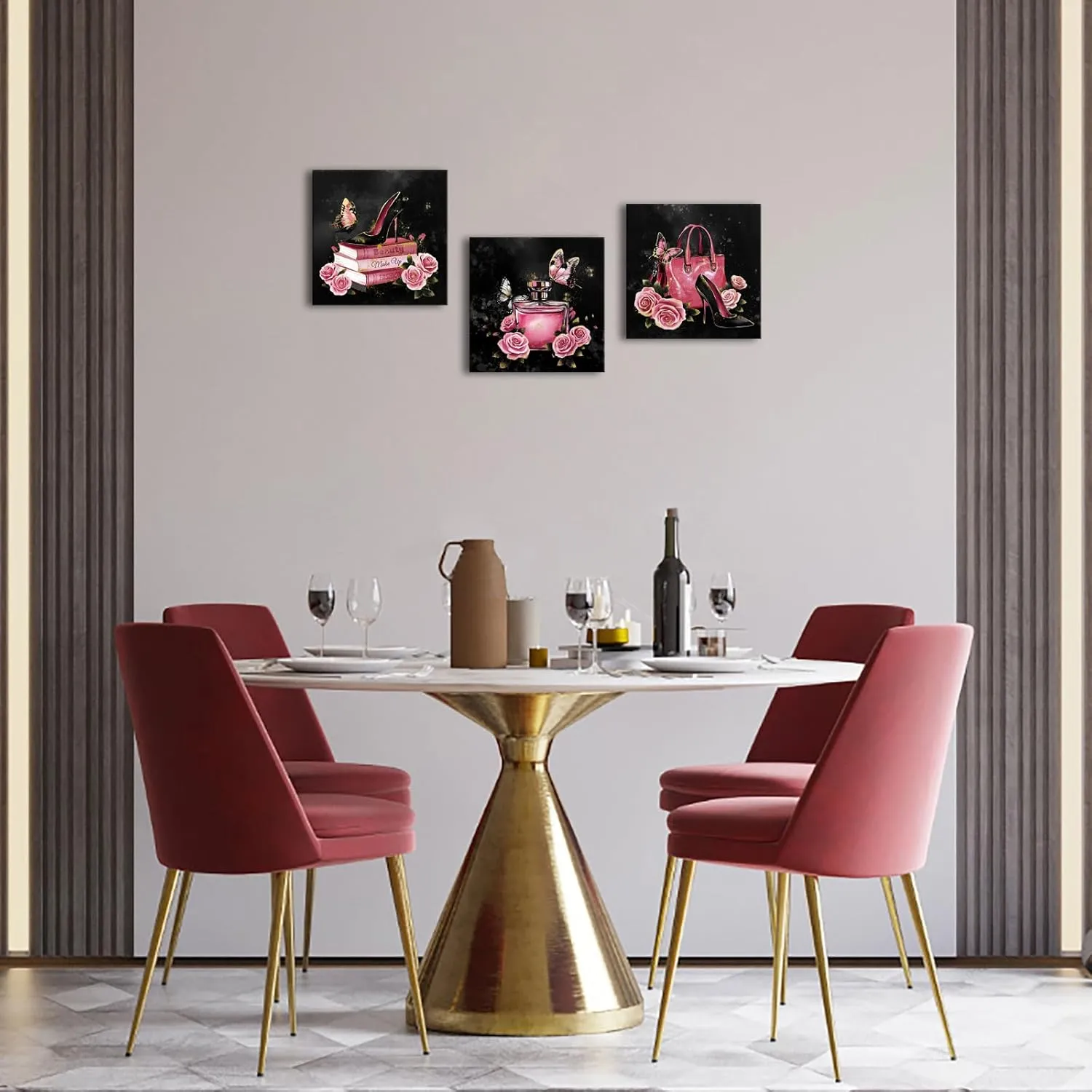 OuElegent Pink and Black Canvas Wall Art Fashion Wall Decor Handbag Perfume Pictures Fashion Paintings for Women, Set of 3, 12 x 12 in (Pink)