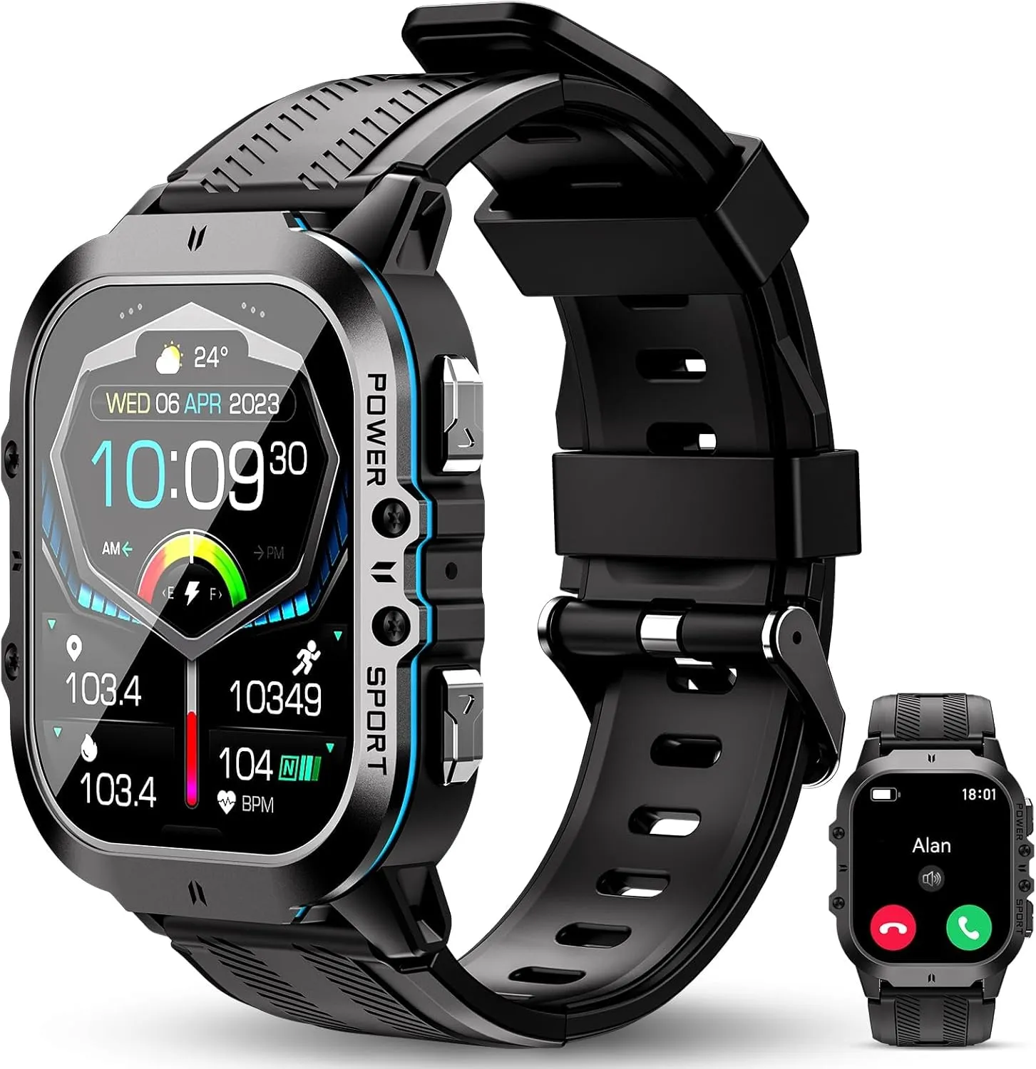 OUKITEL BT20 Military Smart Watch for Men Women, 50M Waterproof Rugged Fitness Tracker, Bluetooth Call, Voice Assistant, 1.96 Inch Touchscreen, 100  Sports Modes, 24H Health Monitor, for iOS/Android