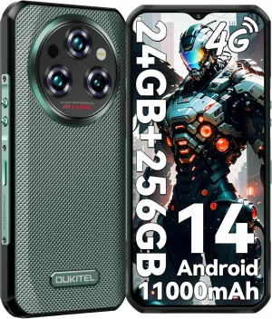 OUKITEL WP35S Rugged Phone Unlocked - 24GB 256GB Android 14 Rugged Phone,11000mAh Large Battery,6.56" FHD  48MP Main Camera IP68/IP69K Waterproof Cell Phone 4G Dual SIM NFC/OTG/BT5.0/T-Mobile,Green