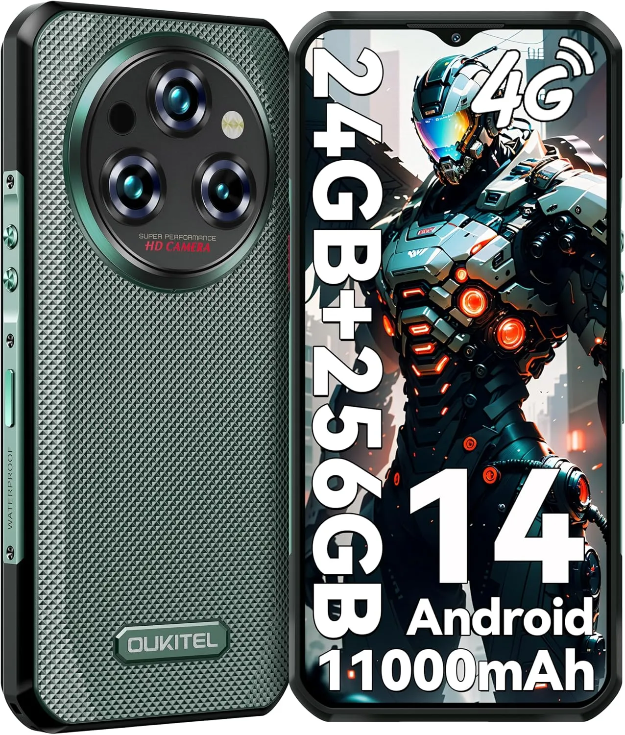 OUKITEL WP35S Rugged Phone Unlocked - 24GB 256GB Android 14 Rugged Phone,11000mAh Large Battery,6.56" FHD  48MP Main Camera IP68/IP69K Waterproof Cell Phone 4G Dual SIM NFC/OTG/BT5.0/T-Mobile,Green