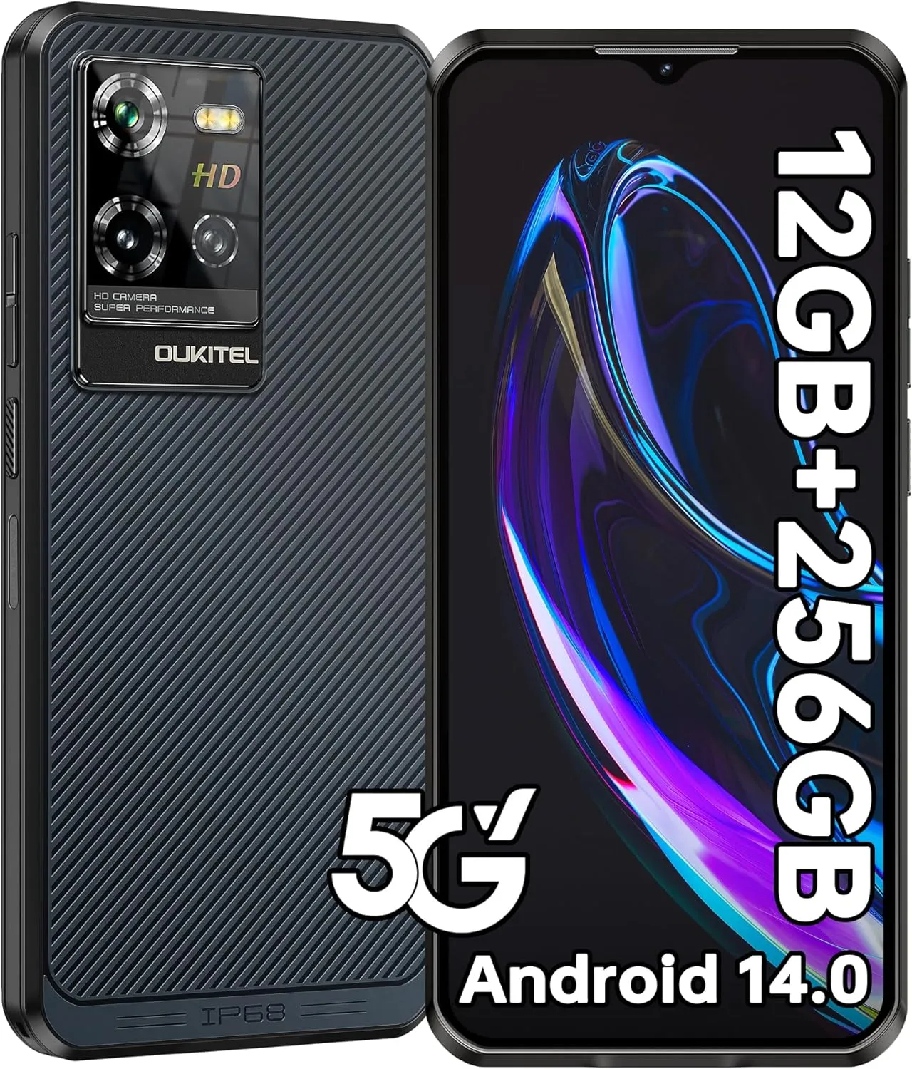 OUKITEL WP50 Rugged Phone Unlocked 5G-12GB RAM 256GB ROM Cell Phones, 6.6" Screen, 48MP Camera, 6500mAh Battery Smartphone, 5G Dual SIM Android 14 IP68/IP69K Waterproof Phone, NFC/GPS/T-Mobile, Blue