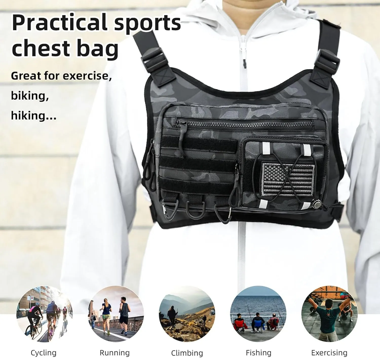 Outdoor Sports Chest Bag for Men, Water Resistant Lightweight Running Vest EDC Chest Pack for Workouts Hiking Cycling