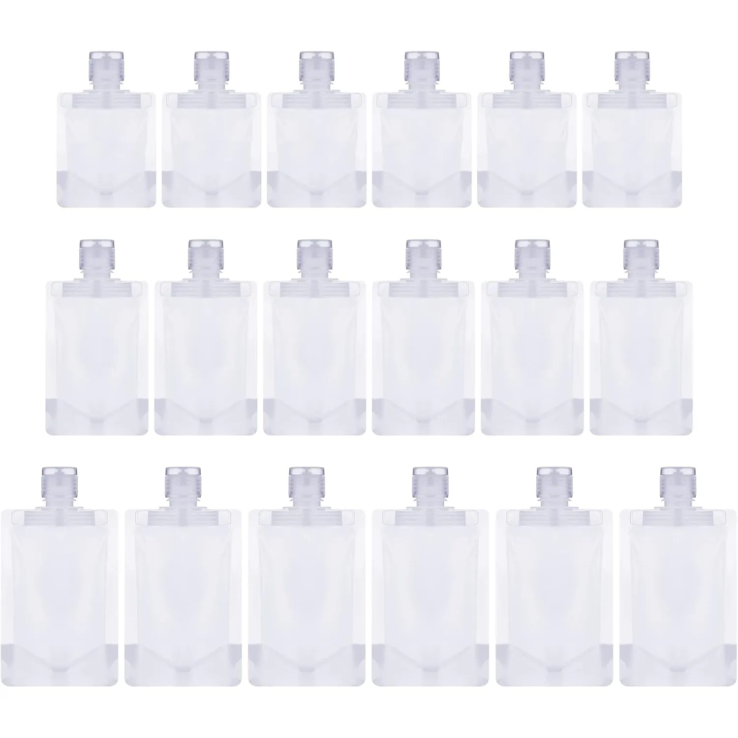Outus 18 Pieces Portable Travel Fluid Makeup Packing Bag Refillable Empty Pouches with Spout Shampoo Lotion Bags Portable Travel Fluid Makeup Packing Bag Clear, 30 ml 50 ml 100 ml