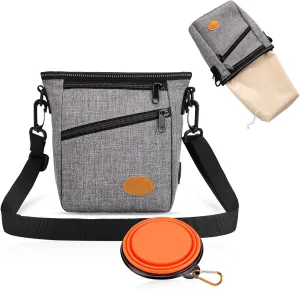 Ownpets Dog Training Pouch with Silicone Liner, Pet Treat Training Pouch with Collapsible Bowl, Shoulder Strap & Waist Strap, 4 Ways to Wear, Walking Fanny Pack for Dog Training - Grey
