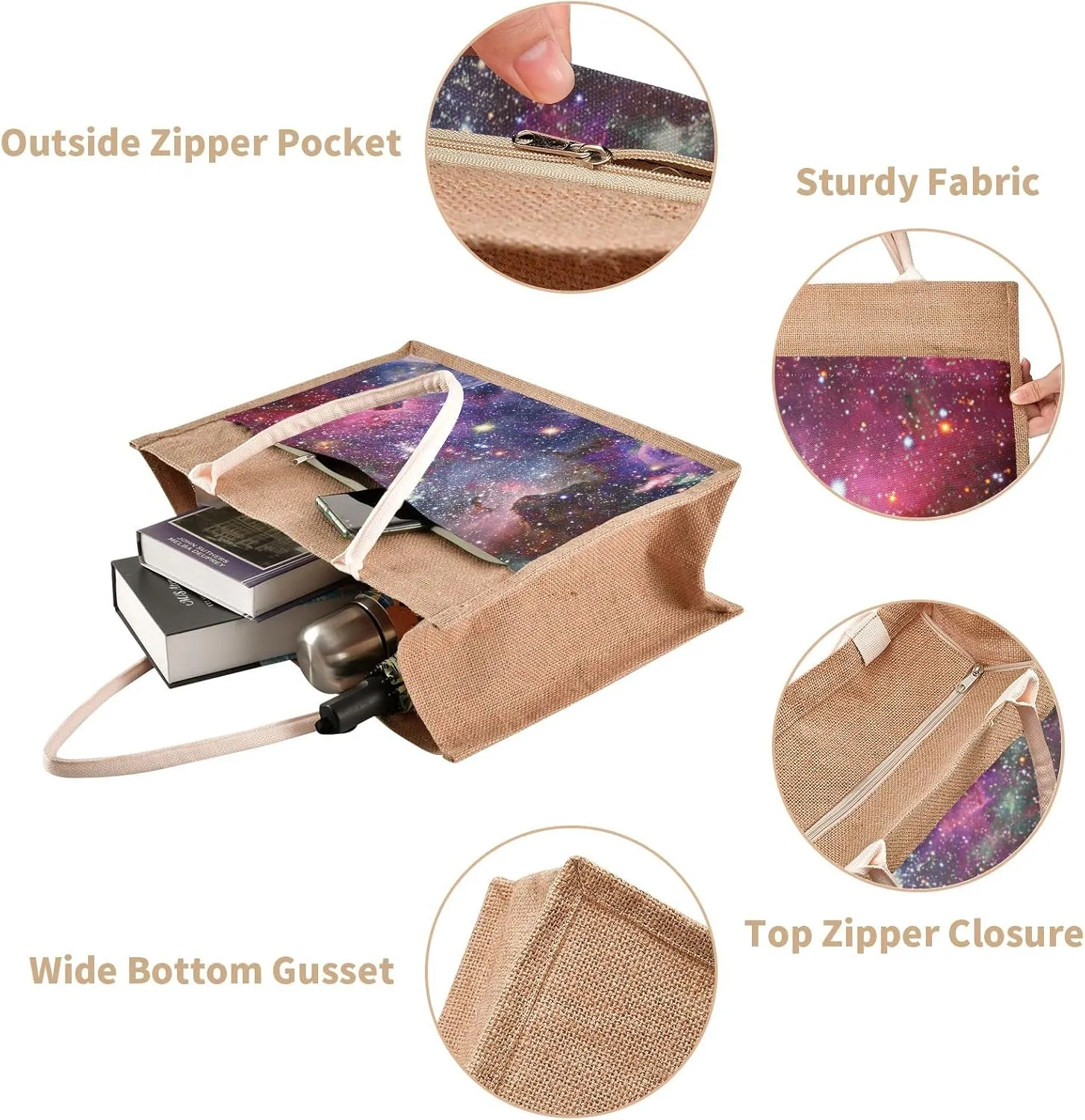 Oyihfvs Durable Burlap Bag with Handles, Zipper Jute Tote Reusable Bag Waterproof Lining for Shopping Work Travel beach