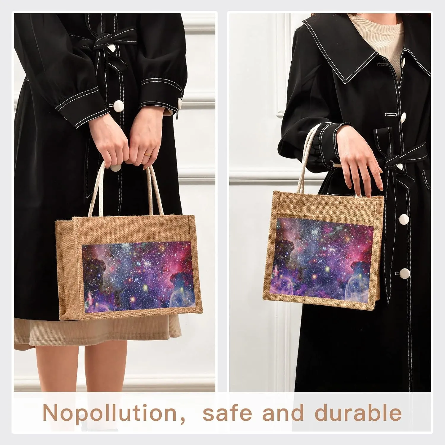 Oyihfvs Durable Burlap Bag with Handles, Zipper Jute Tote Reusable Bag Waterproof Lining for Shopping Work Travel beach