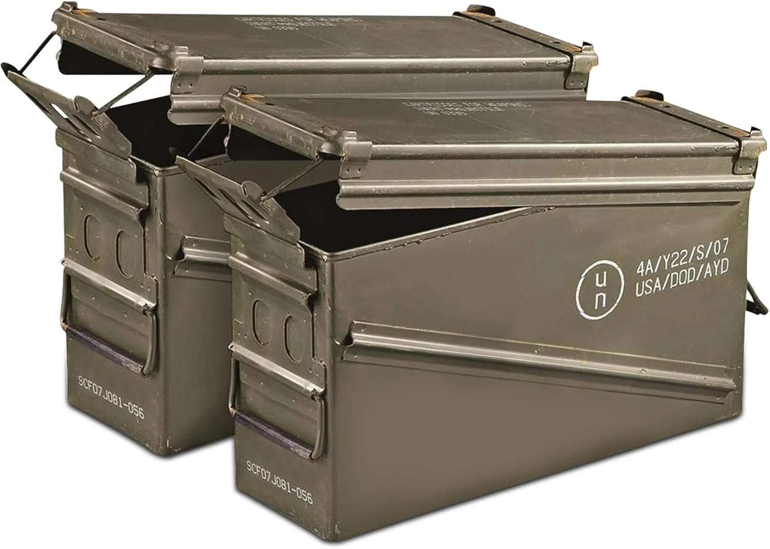 PA120 40mm Ammo Can Holder Box (Matte Olive Drab) 2 Pack - Waterproof Surplus Metal Ammo Storage Box w/Front Metal Latch, Swing-Out Handle, Used