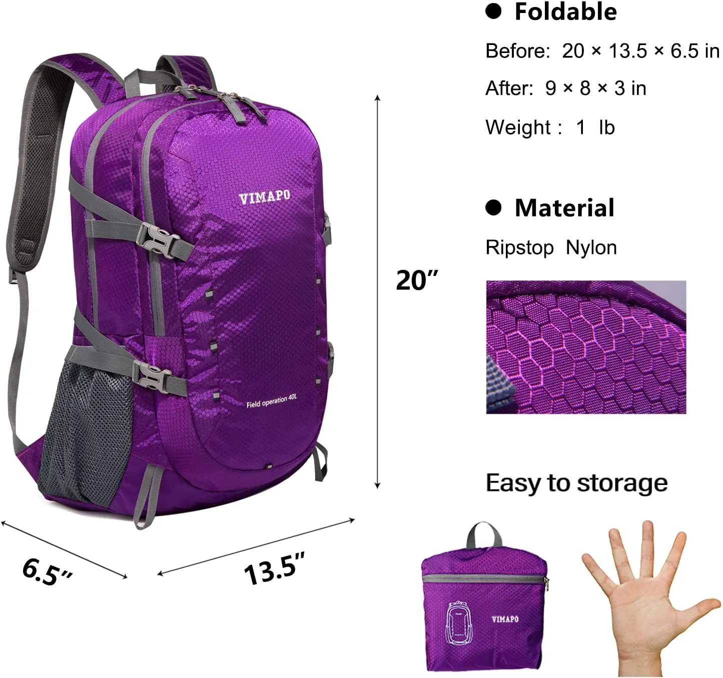 Packable Lightweight Backpack 40L, Ripstop Nylon Foldable Traveling Daypack, Collapsible Hiking Backpack For Outdoor(Purple)