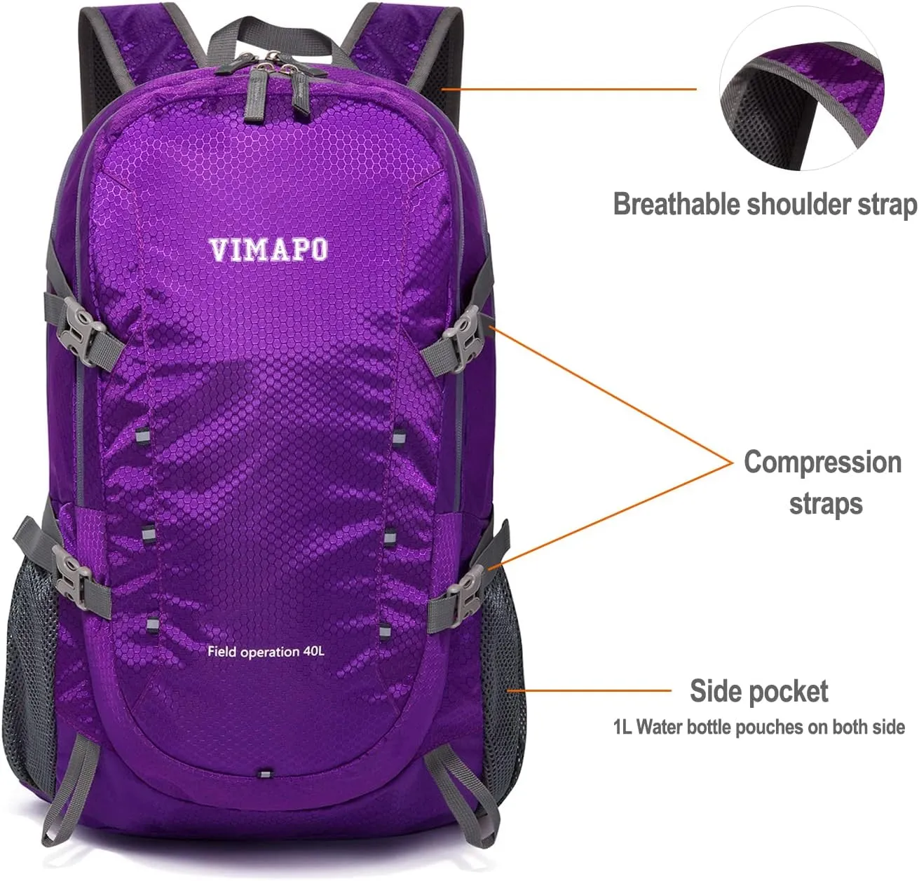 Packable Lightweight Backpack 40L, Ripstop Nylon Foldable Traveling Daypack, Collapsible Hiking Backpack For Outdoor(Purple)