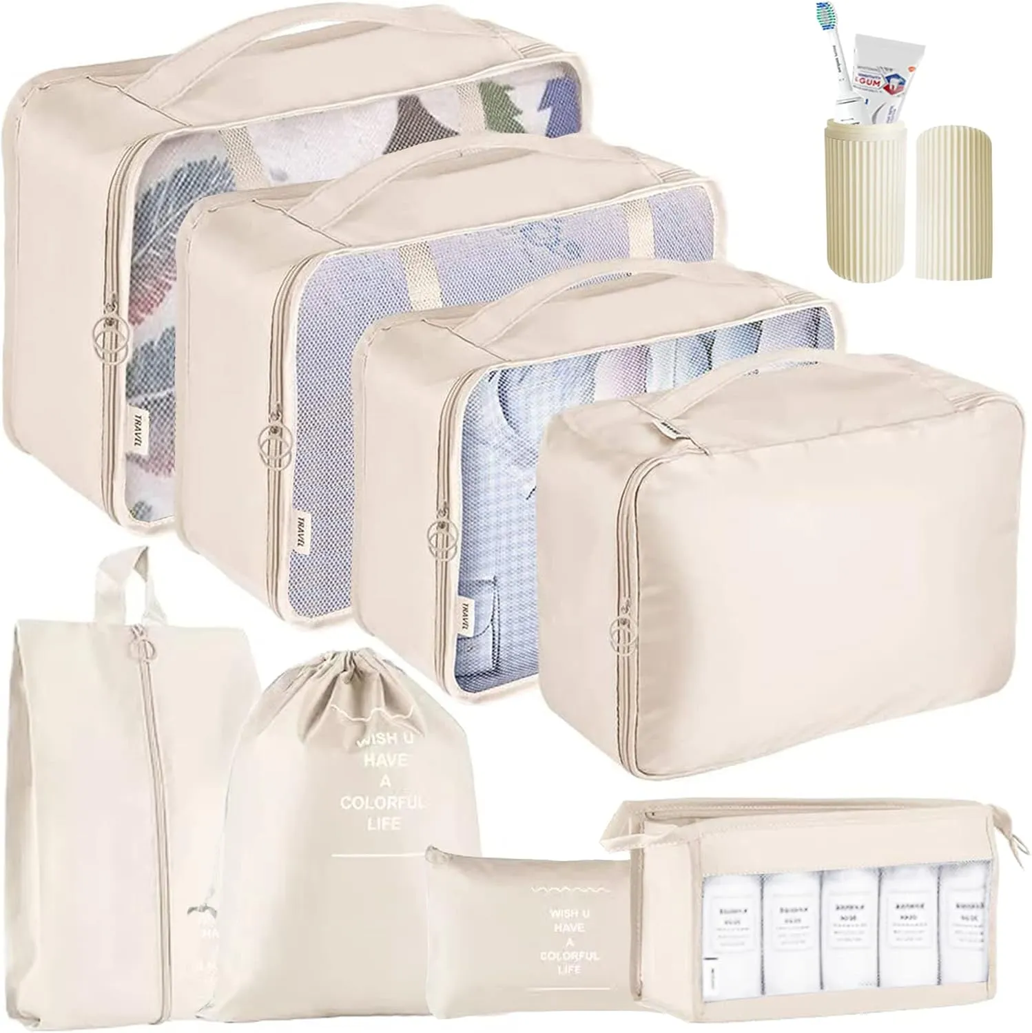 Packing Cubes - 9 PCS Travel Luggage Organizers Set Waterproof Suitcase Organizer Bags Travel Essentials Clothes Shoes Cosmetics Toiletries Storage Bags (Beige)