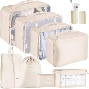 Packing Cubes - 9 PCS Travel Luggage Organizers Set Waterproof Suitcase Organizer Bags Travel Essentials Clothes Shoes Cosmetics Toiletries Storage Bags (Beige)