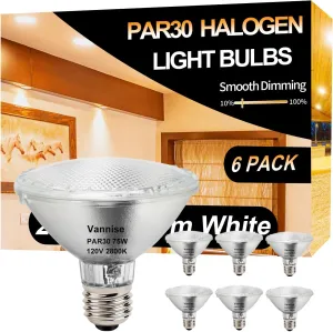 PAR30 Halogen Bulb 75W 120V, 6 Pack High Output 1000LM PAR30 Short Neck Halogen 75W with Warm White 2800K, PAR 30 Dimmable, Long Lasting PAR30 Flood Light Bulb with E26 Medium Base