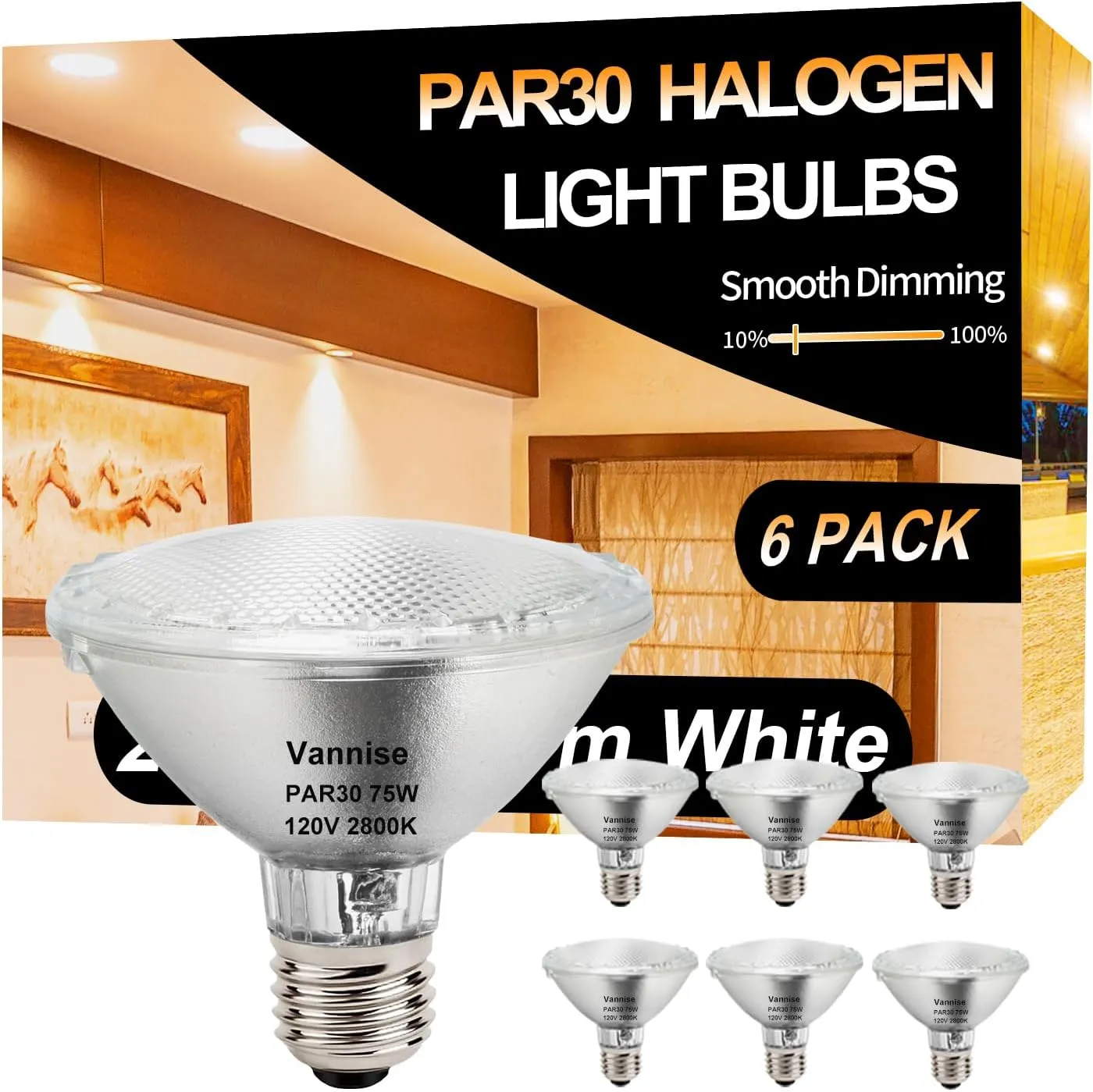 PAR30 Halogen Bulb 75W 120V, 6 Pack High Output 1000LM PAR30 Short Neck Halogen 75W with Warm White 2800K, PAR 30 Dimmable, Long Lasting PAR30 Flood Light Bulb with E26 Medium Base