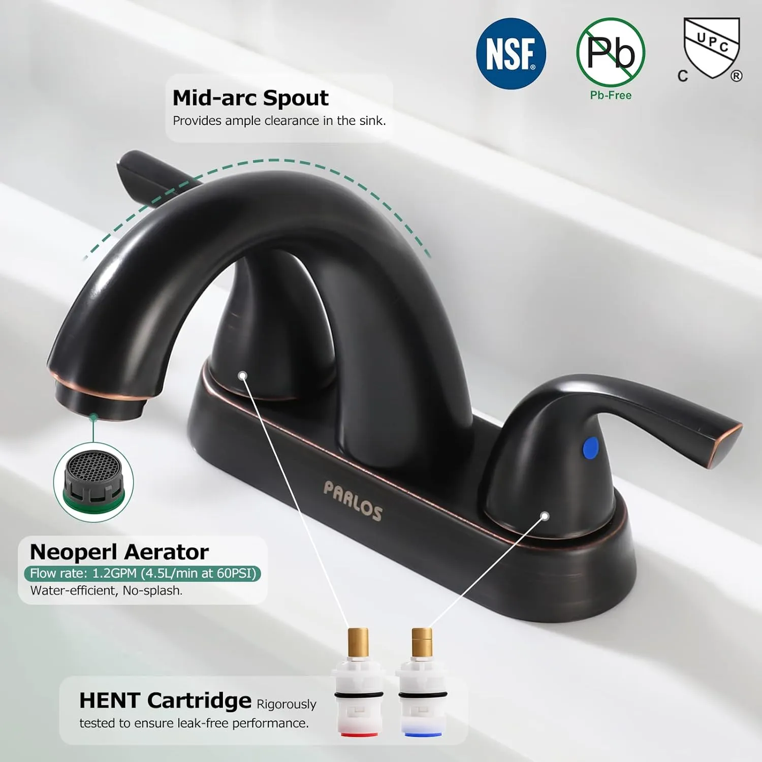 PARLOS 2-Handle Bathroom Sink Faucet with Metal Drain Assembly and Supply Hose Lead-Free cUPC Mixer Double Handle Tap Deck Mounted Oil Rubbed Bronze, 1.2 GPM