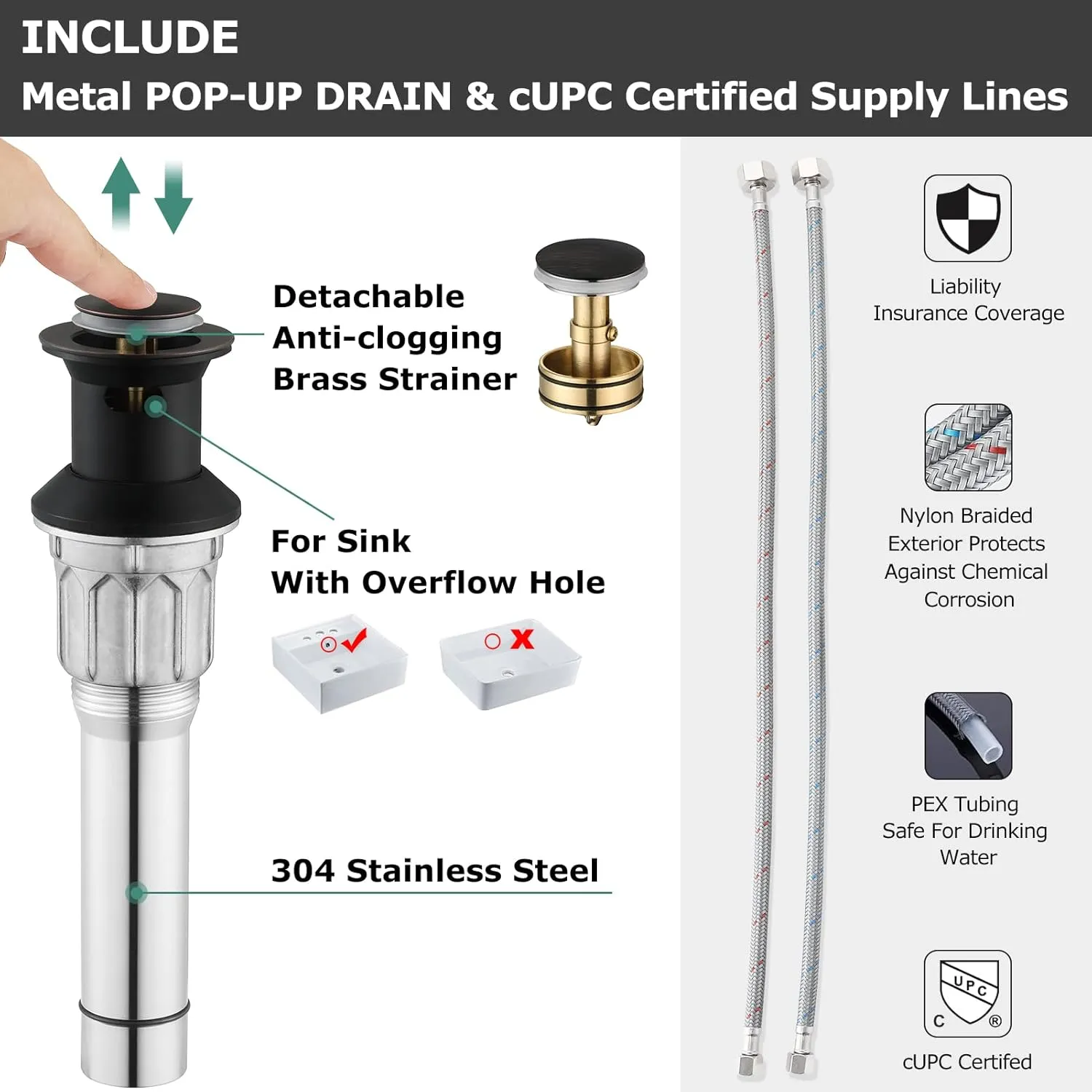 PARLOS 2-Handle Bathroom Sink Faucet with Metal Drain Assembly and Supply Hose Lead-Free cUPC Mixer Double Handle Tap Deck Mounted Oil Rubbed Bronze, 1.2 GPM