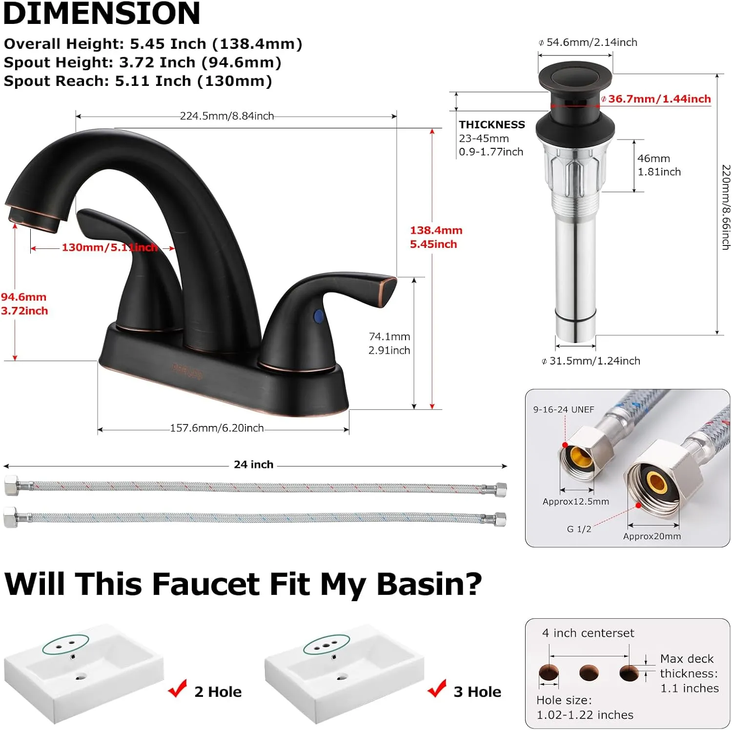 PARLOS 2-Handle Bathroom Sink Faucet with Metal Drain Assembly and Supply Hose Lead-Free cUPC Mixer Double Handle Tap Deck Mounted Oil Rubbed Bronze, 1.2 GPM