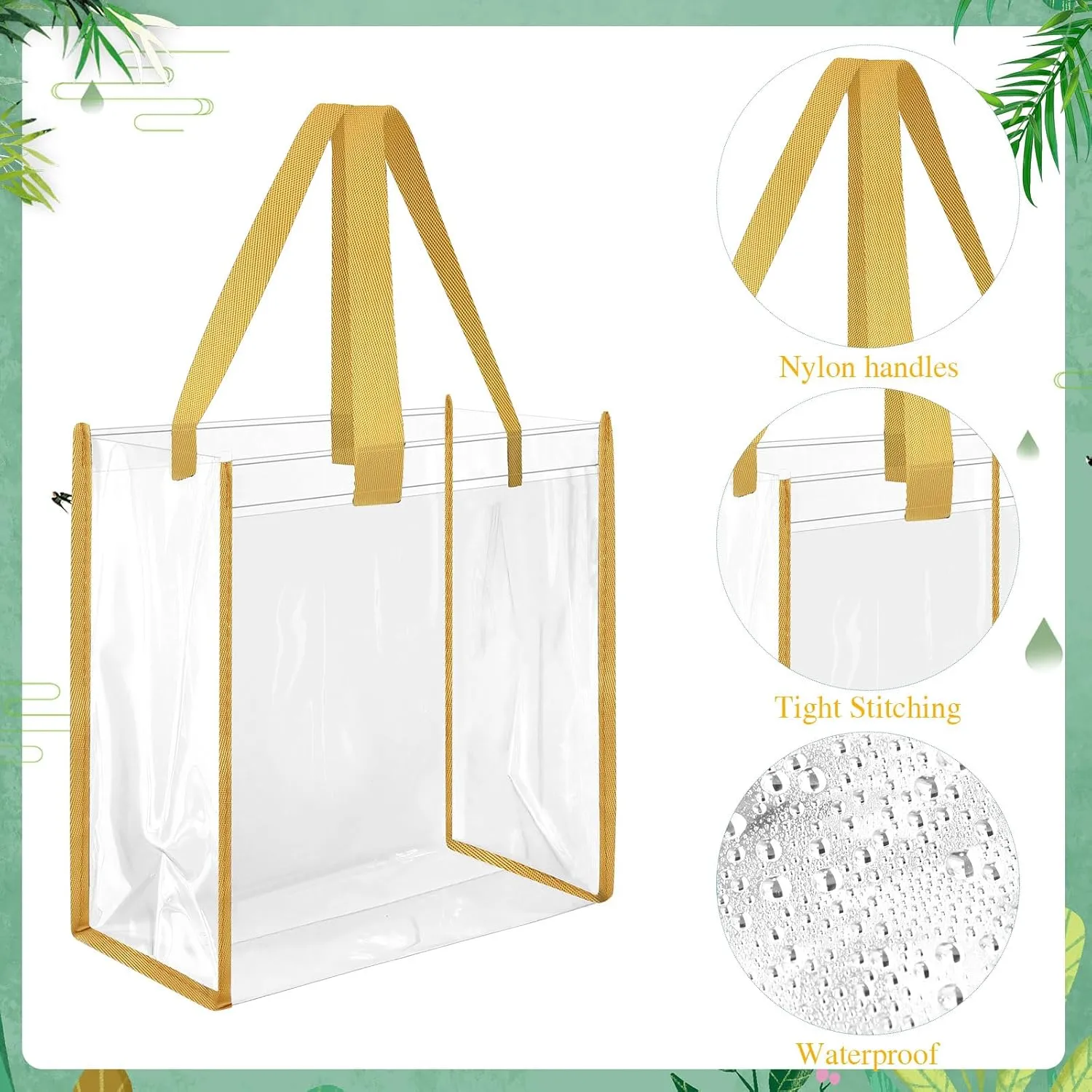 Paterr 30 Pcs Clear Tote Bag Stadium Approved Bulk 10 x 10 x 4 inch Plastic Tote Gifts Bags with Handle for Women Sports Gym(Gold)