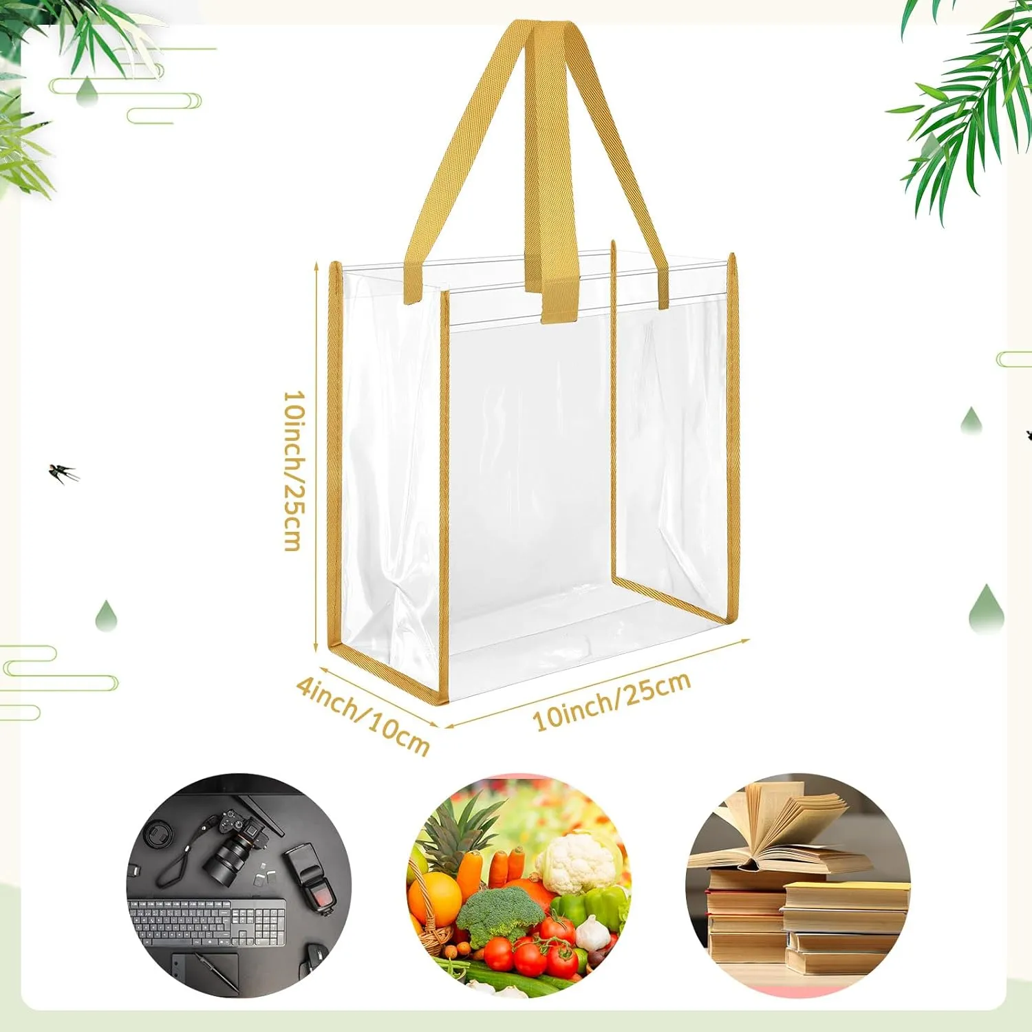 Paterr 30 Pcs Clear Tote Bag Stadium Approved Bulk 10 x 10 x 4 inch Plastic Tote Gifts Bags with Handle for Women Sports Gym(Gold)
