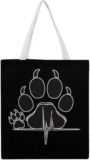 Paw Print Heartbeat Canvas Tote Bag Casual Handbags Grocery Shopping Purses Work Bag for Women