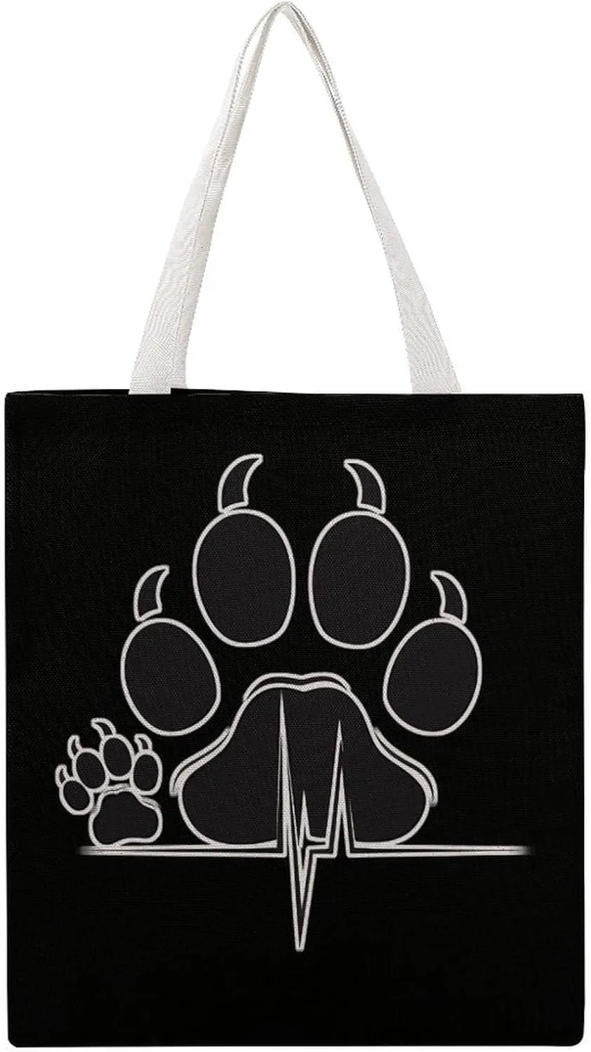 Paw Print Heartbeat Canvas Tote Bag Casual Handbags Grocery Shopping Purses Work Bag for Women