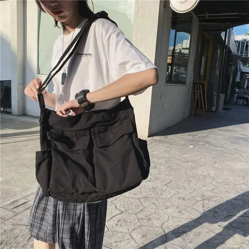 Pbkabiug Canvas Crossbody Bag Large Messenger Bags Travel Shoulder Bag Multi-pocket Casual Tote Bag for Women and Men