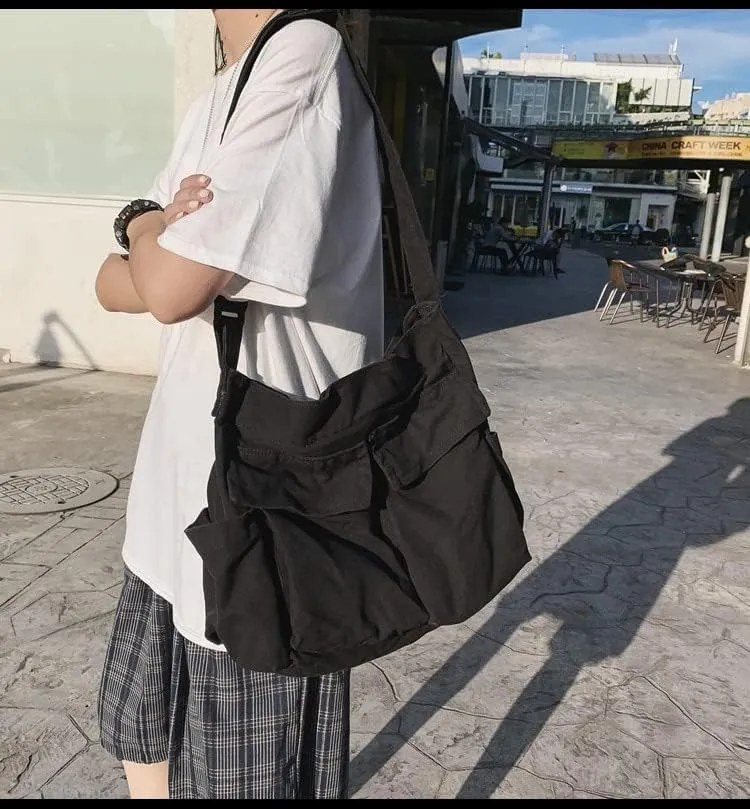 Pbkabiug Canvas Crossbody Bag Large Messenger Bags Travel Shoulder Bag Multi-pocket Casual Tote Bag for Women and Men