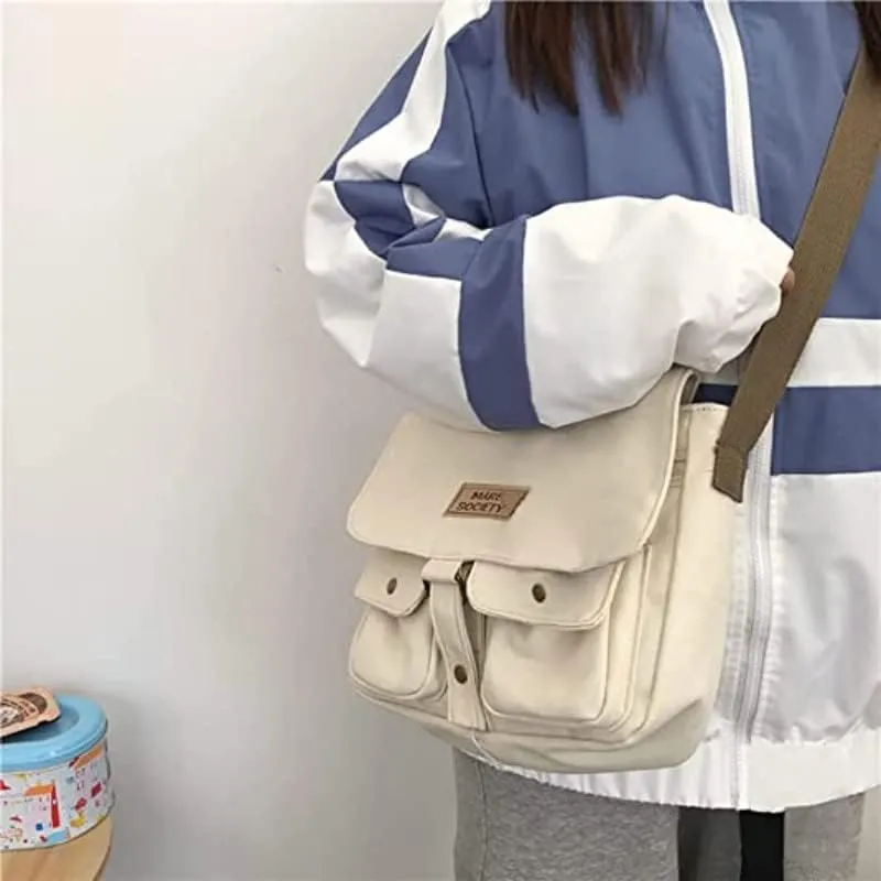 Pbkabiug Women's Canvas Bag Harajuku Messenger Bag Shoulder Bags Vintage Canvas Bag Multiple Pockets Crossbody Bag