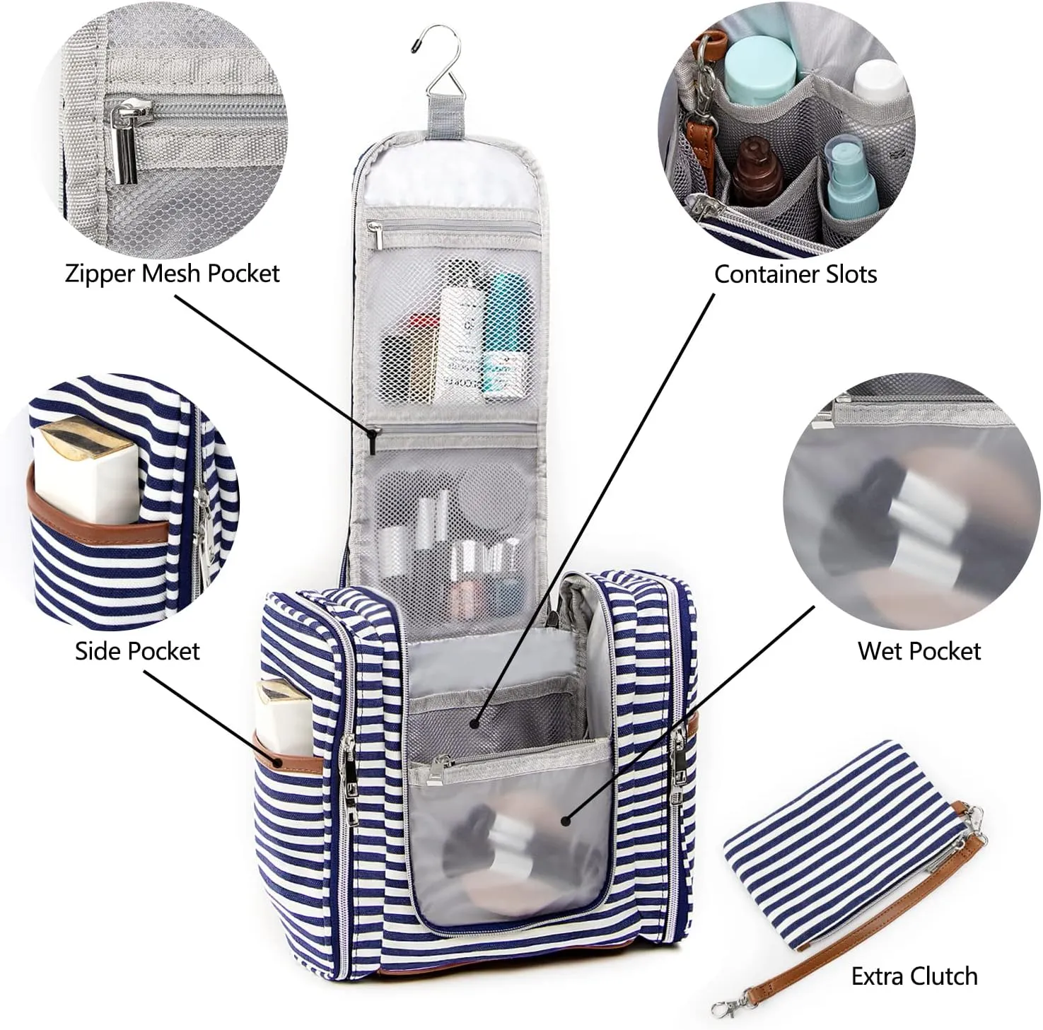 Pearl Angeli Hanging Toiletry Bag for Women,Water Resistant Makeup Organizer,Cosmetic Travel,Large Capacity for Full Sized Container, Navy