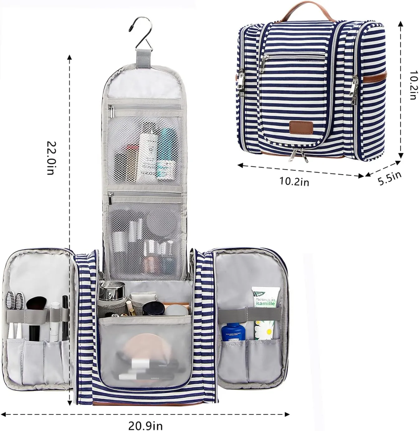 Pearl Angeli Hanging Toiletry Bag for Women,Water Resistant Makeup Organizer,Cosmetic Travel,Large Capacity for Full Sized Container, Navy