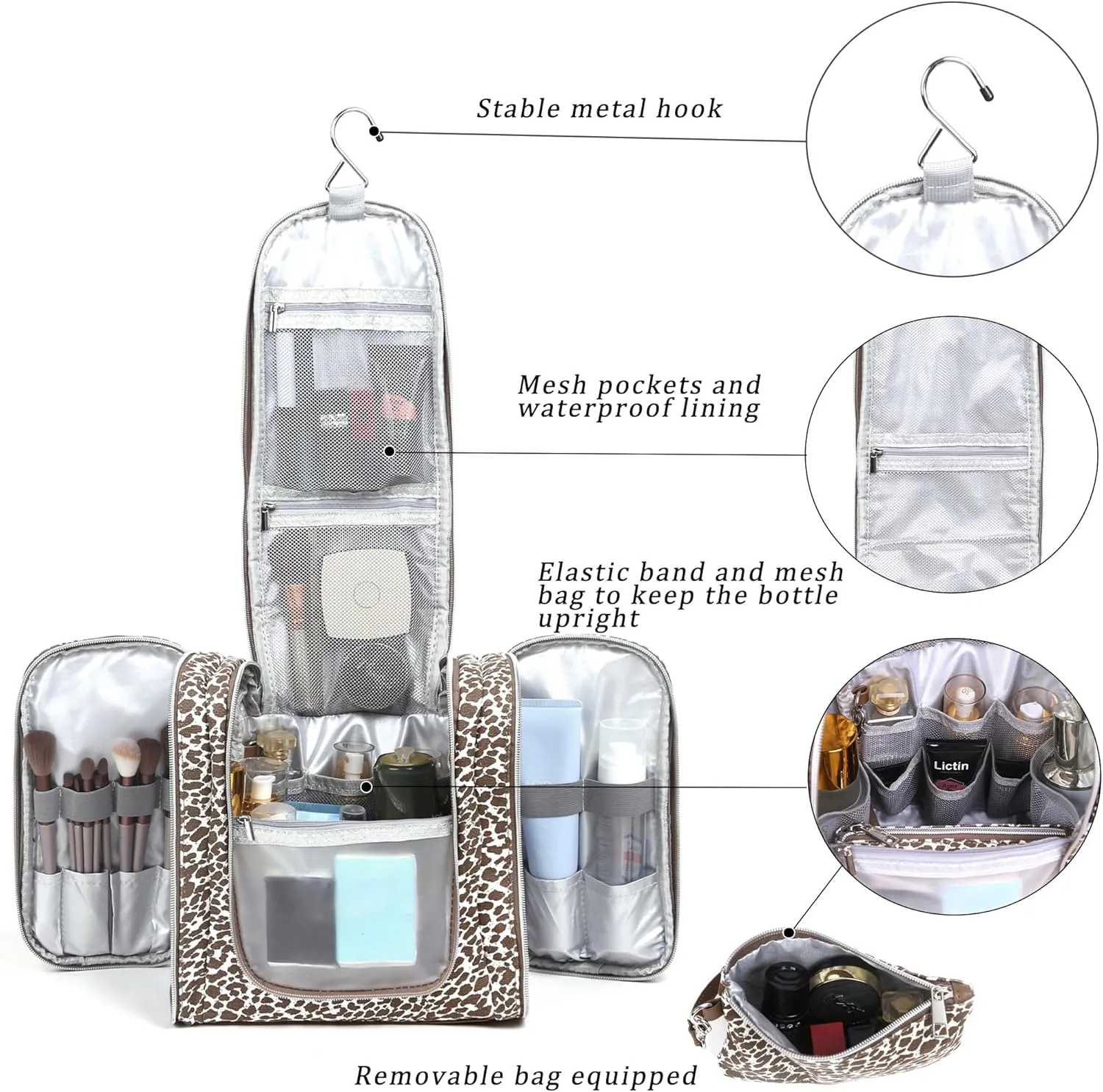 Pearl Angeli Hanging Travel Toiletry Bag for Women,Water Resistant Makeup Organizer,Large Capacity Cosmetic for Full Sized Container Toiletries, Lepoard