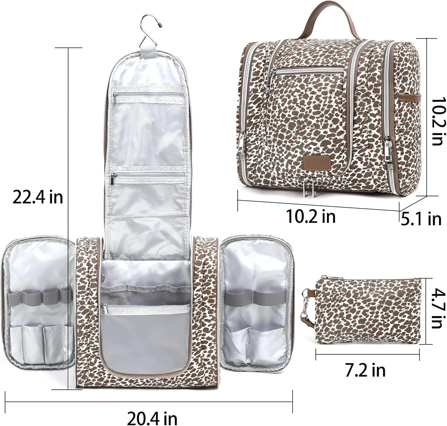 Pearl Angeli Hanging Travel Toiletry Bag for Women,Water Resistant Makeup Organizer,Large Capacity Cosmetic for Full Sized Container Toiletries, Lepoard