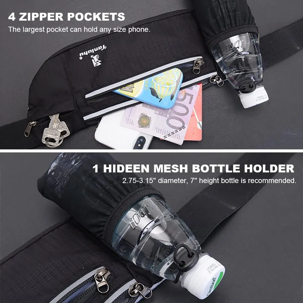 Peicees Fanny Pack with Water Bottle Holder Waist Bag for Men Women Water Resistant Lightweight Reflective Adjustable Running Belt Headphone Bag Travel Pocket for Outdoor Camping Fitness Hiking