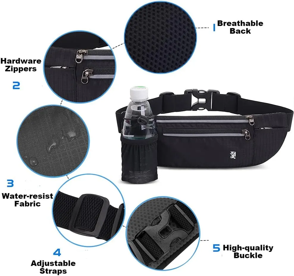 Peicees Fanny Pack with Water Bottle Holder Waist Bag for Men Women Water Resistant Lightweight Reflective Adjustable Running Belt Headphone Bag Travel Pocket for Outdoor Camping Fitness Hiking