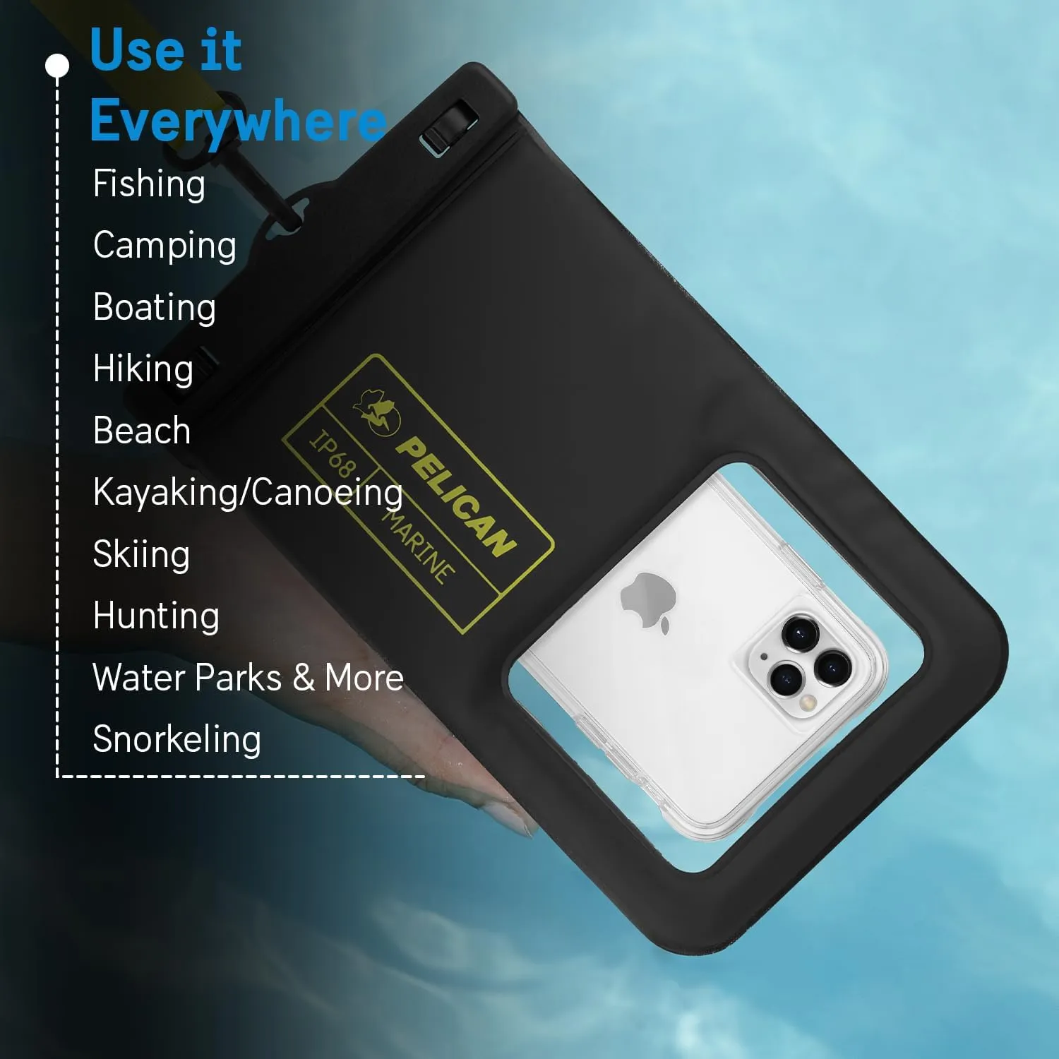 Pelican Marine - IP68 Waterproof Phone Pouch (XL Size) Floating Waterproof Phone Case - Beach Cruise Ship Travel Essentials - Works with All Phones - Detachable Lanyard - Black/Hi-Vis Yellow