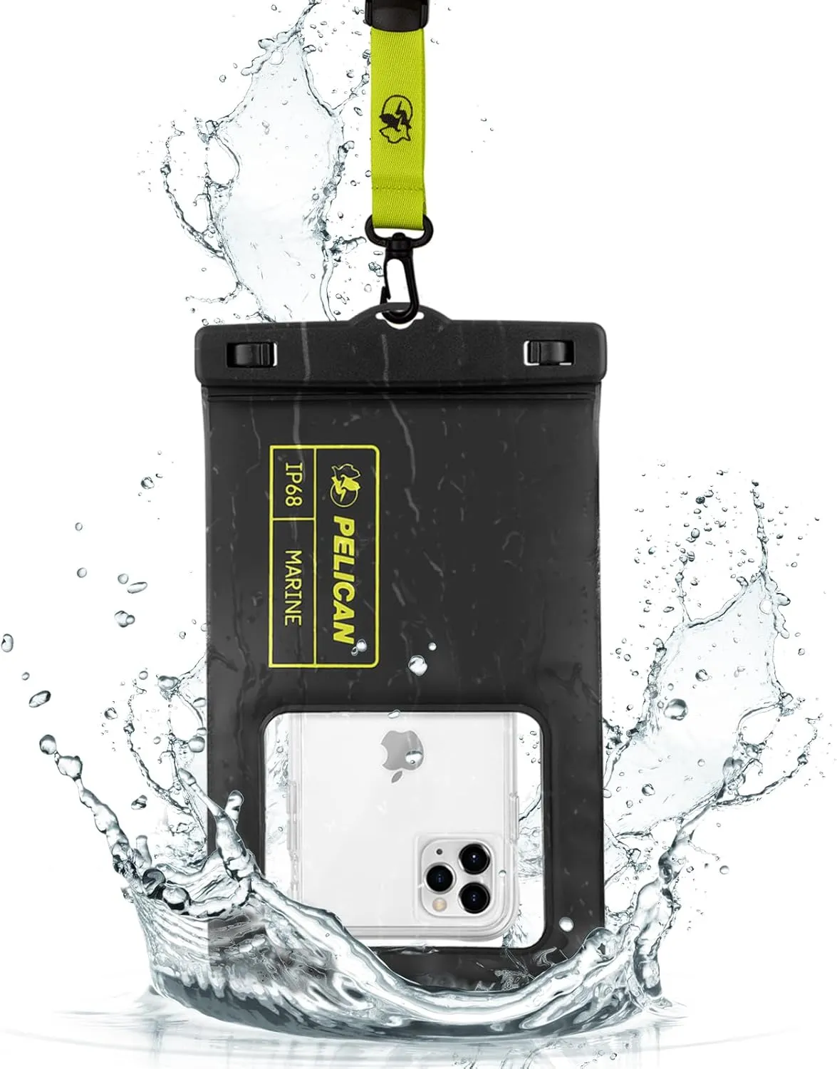 Pelican Marine - IP68 Waterproof Phone Pouch (XL Size) Floating Waterproof Phone Case - Beach Cruise Ship Travel Essentials - Works with All Phones - Detachable Lanyard - Black/Hi-Vis Yellow