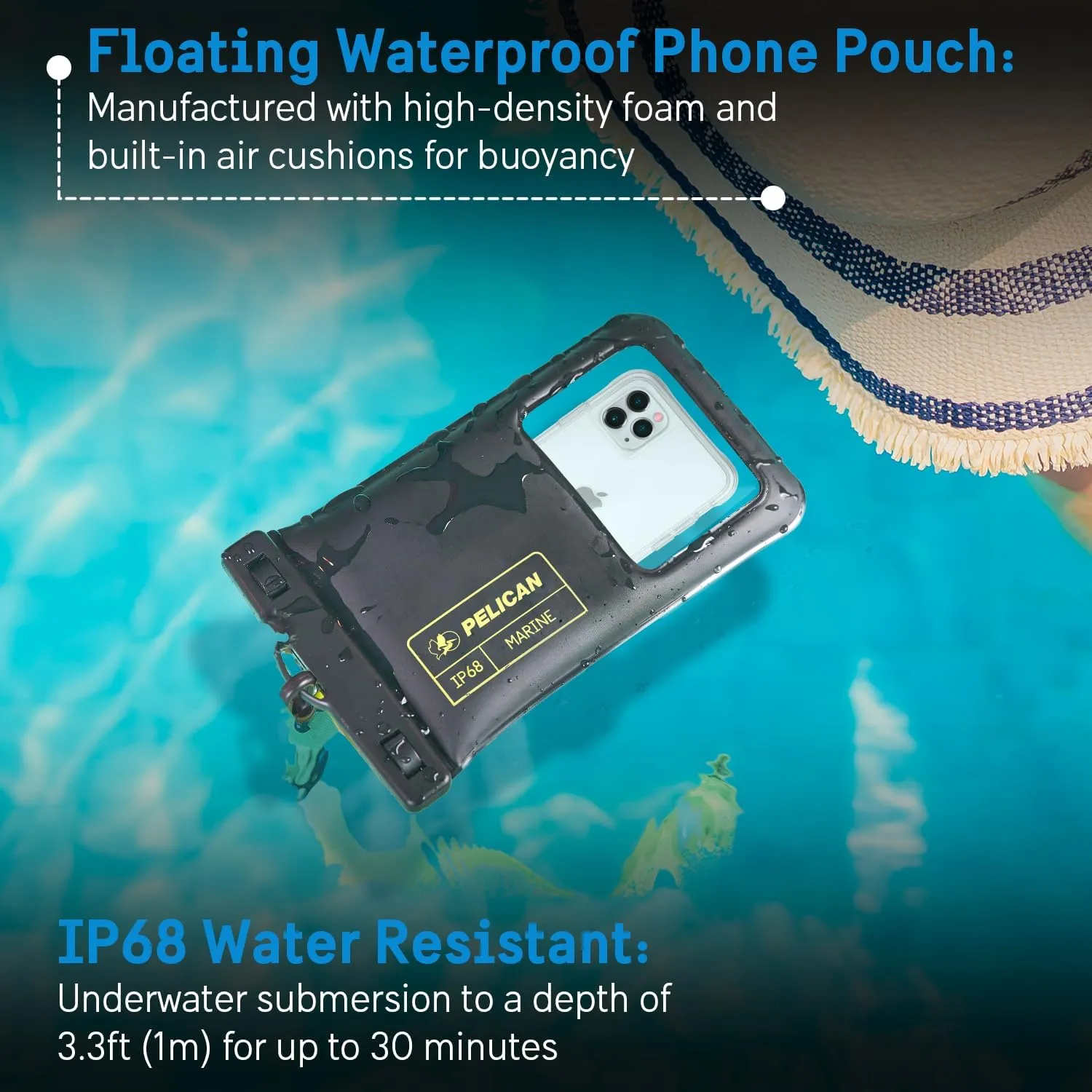 Pelican Marine - IP68 Waterproof Phone Pouch (XL Size) Floating Waterproof Phone Case - Beach Cruise Ship Travel Essentials - Works with All Phones - Detachable Lanyard - Black/Hi-Vis Yellow