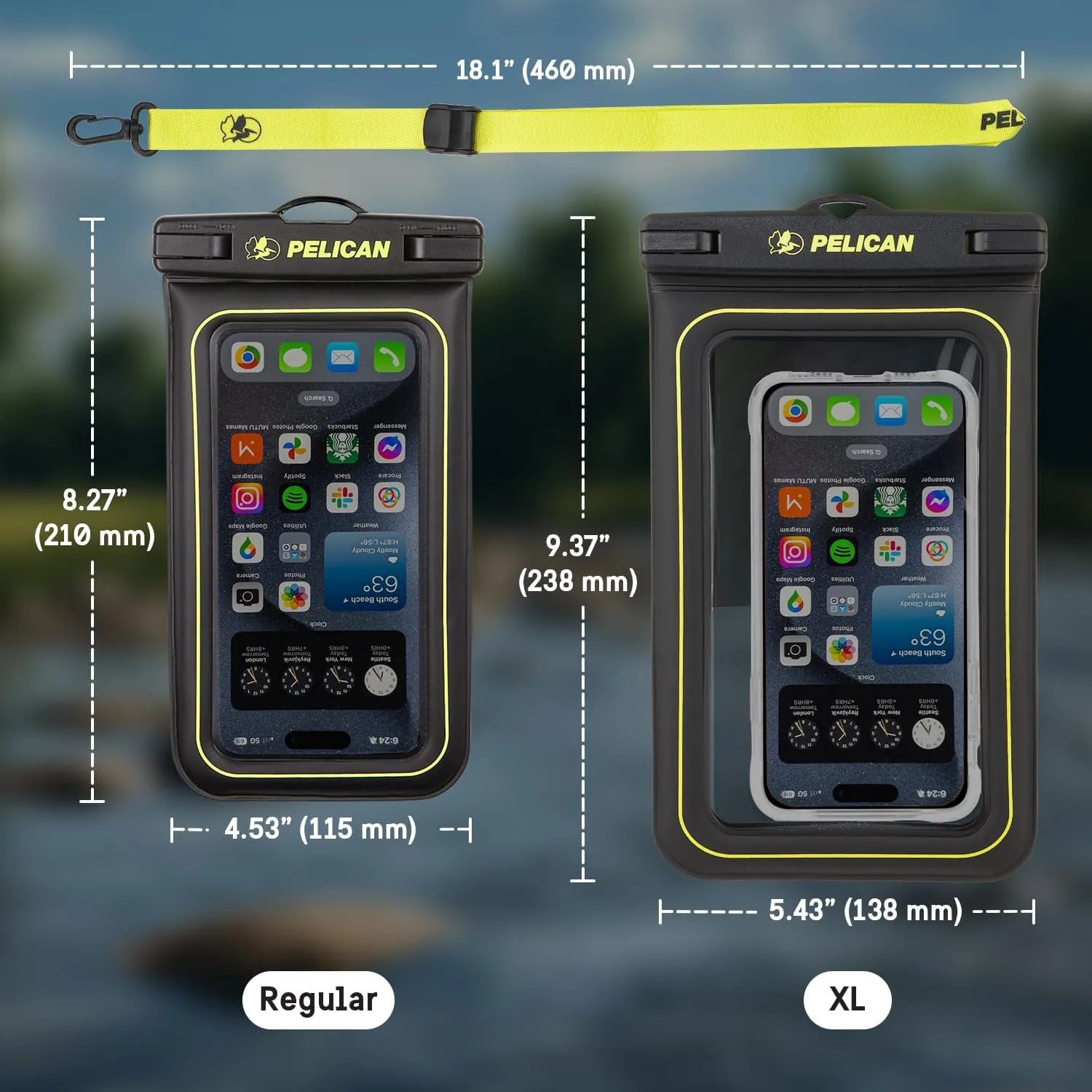 Pelican Marine - IP68 Waterproof Phone Pouch (XL Size) Floating Waterproof Phone Case - Beach Cruise Ship Travel Essentials - Works with All Phones - Detachable Lanyard - Black/Hi-Vis Yellow